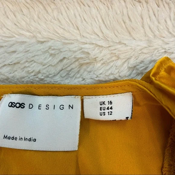 NWOT ASOS Design Mustard Yellow Mini V-Neck Ruffle Dress 12 - Picture 10 of 15